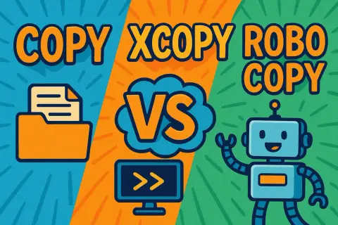 Vergleich von xcopy vs robocopy: Ordner-Symbol und Roboter-Symbol stehen sich gegenüber.