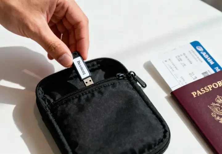 Hand steckt USB-Stick als Festplatte in schwarze Tasche neben Reisepass und Flugticket.