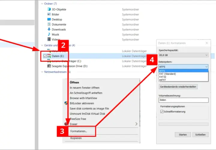 Festplatte formatieren Mac und Windows: Rechtsklick auf Laufwerk E:, dann "Formatieren..." wählen, um das Dateisystem (z.B. NTFS) auszuwählen.