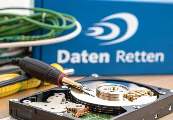 Ein geöffneter trekstor festplatte mit Werkzeugen und Kabeln daneben. Im Hintergrund eine blaue Box mit der Aufschrift "Daten Retten".