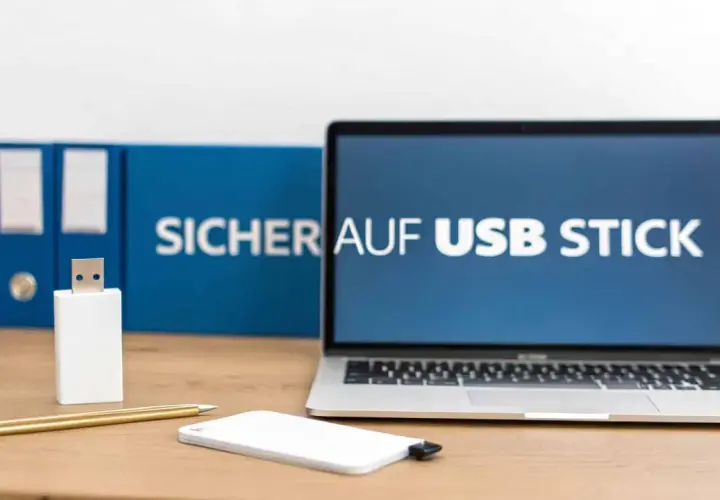 Laptop mit "Sicher auf USB Stick" auf dem Bildschirm. Ein weißer USB-Stick und eine externe Festplatte liegen auf dem Schreibtisch.